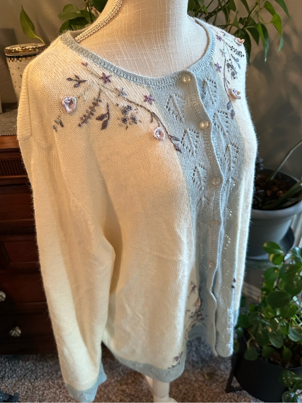 Koret Cream and Light Blue Embroidered Pearl-Button Cardigan